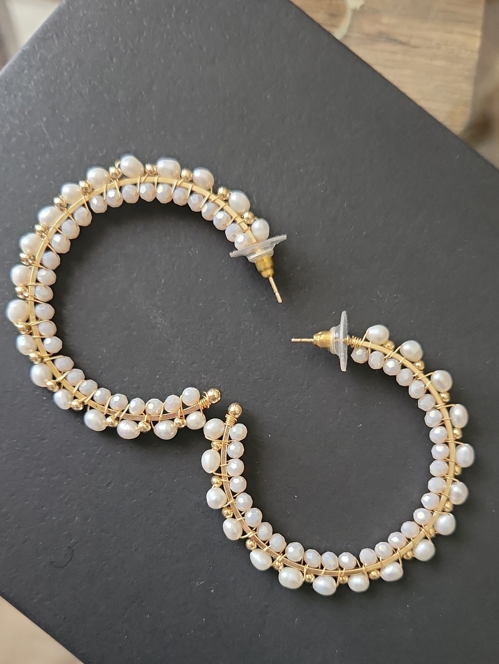 Gold Faux Pearl Hoop Stud Earrings